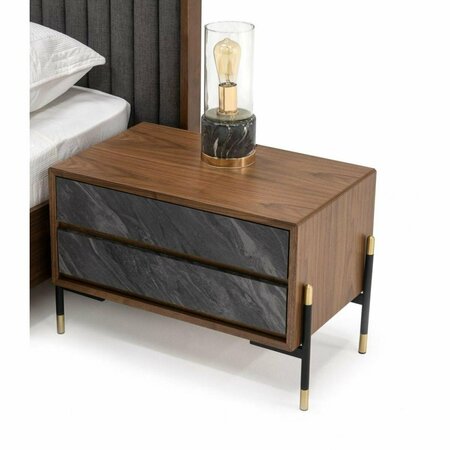 HOMEROOTS Mid Century Walnut & Gray Faux Marble Two Drawer Nightstand 473038